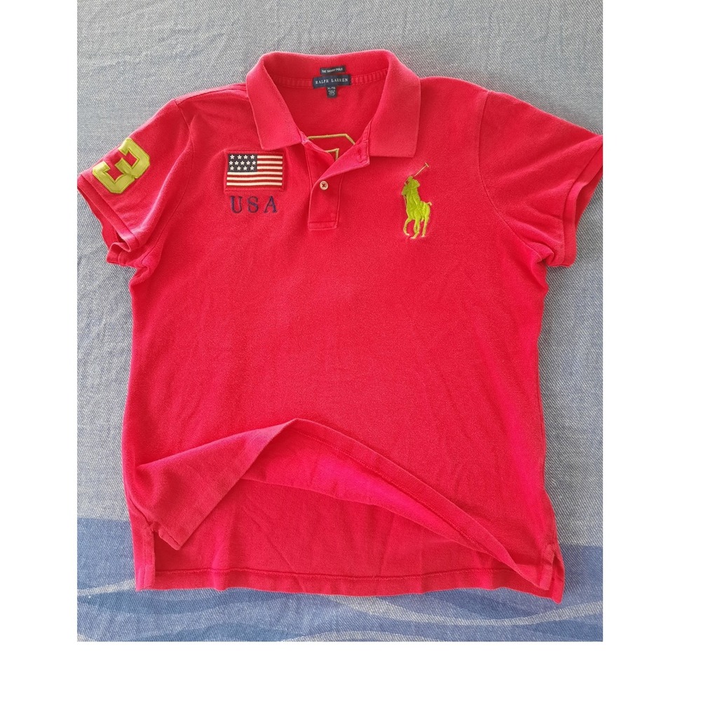 Ralph Lauren Women Pink Knit Big Neon All Over Pony USA Skinny Polo Shirt XL